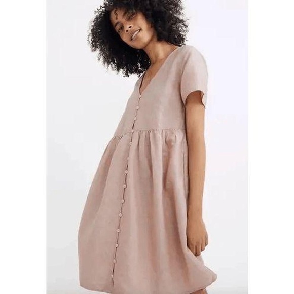Madewell Pink Linen Blend Alexandra Button Up Dress. - Picture 1 of 4